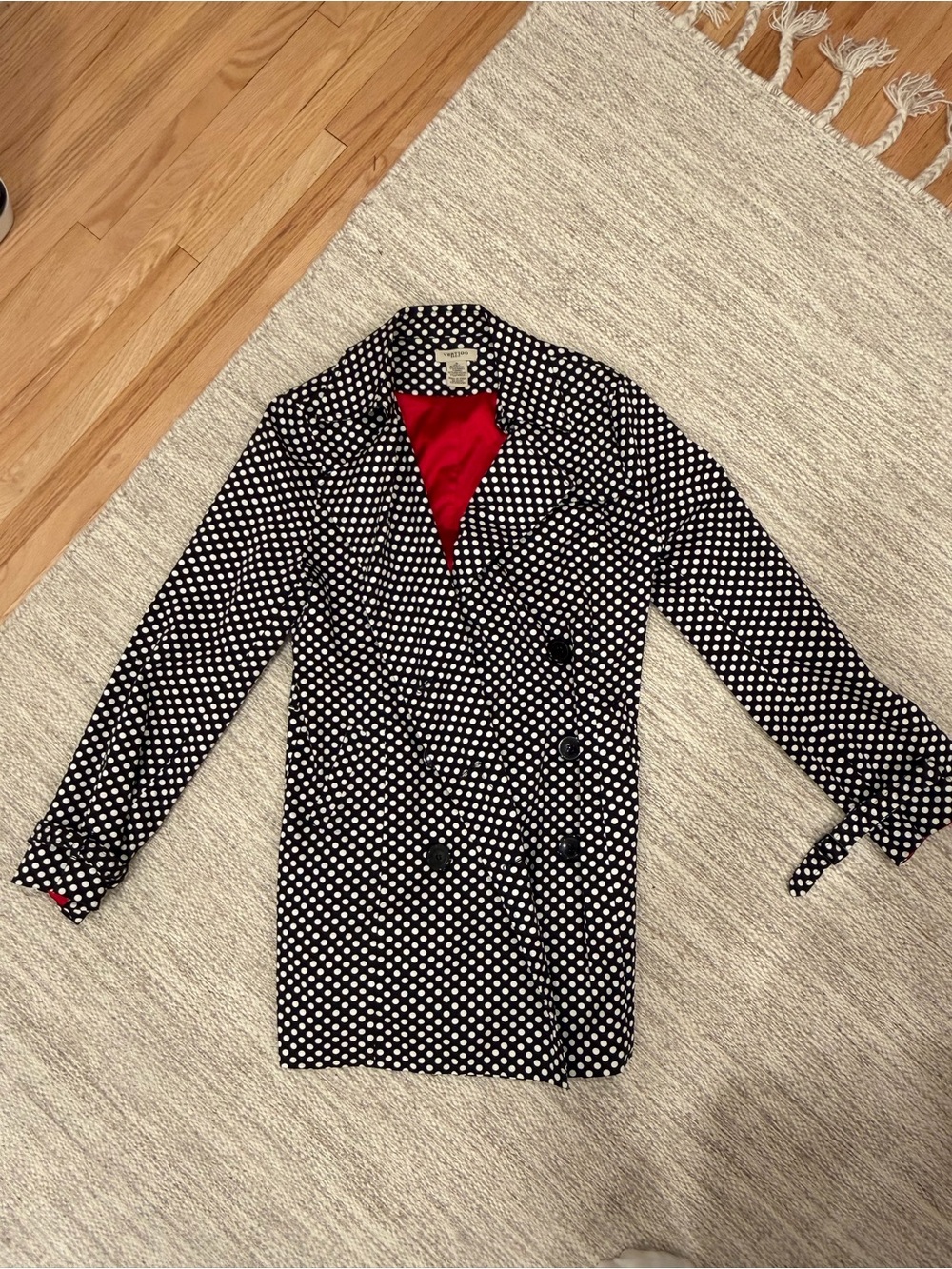 Vertigo Paris Black and White Polka Dot Button-Down Shirt with Red Lining